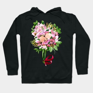 Pink Flowers Bouquet with red ribbon, watercolor Hoodie